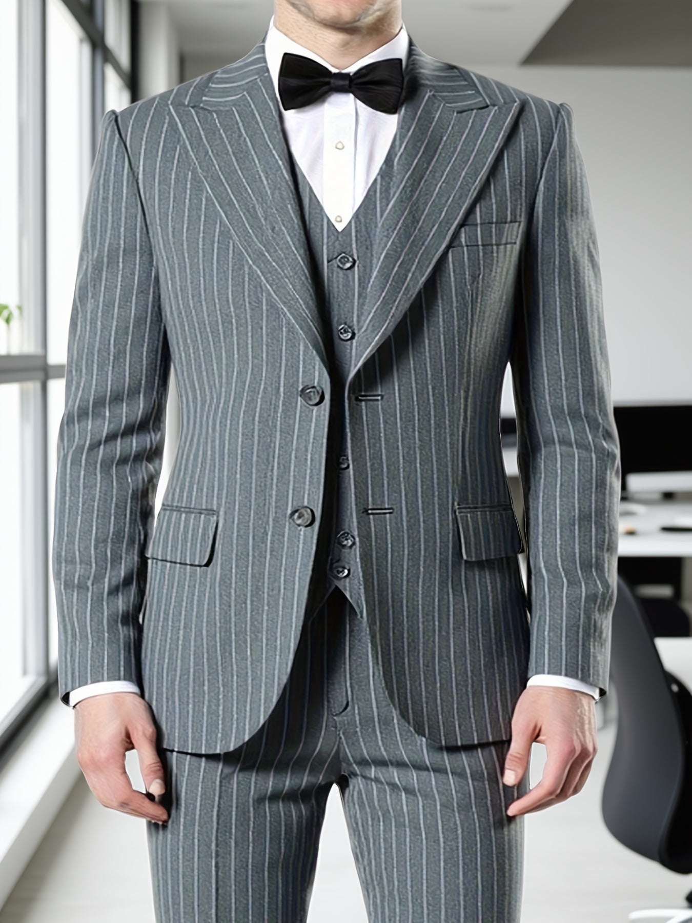 Men'S Suits Set 3pcs, Solid Color Pinstripes Suit, Closure Collar Jacket Coat Blazer Vest Pants Set, Business Work Banquet Performance Travel Holiday Birthday Gift Dress Tuxedo