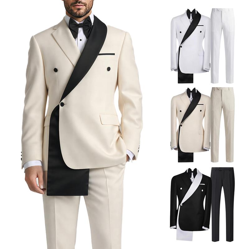 Men’s 2-Piece Contrast Color Tuxedo Suit, Double Breasted Shawl Lapel Blazer & Pants, Slim Fit Wedding Prom Party Outfit