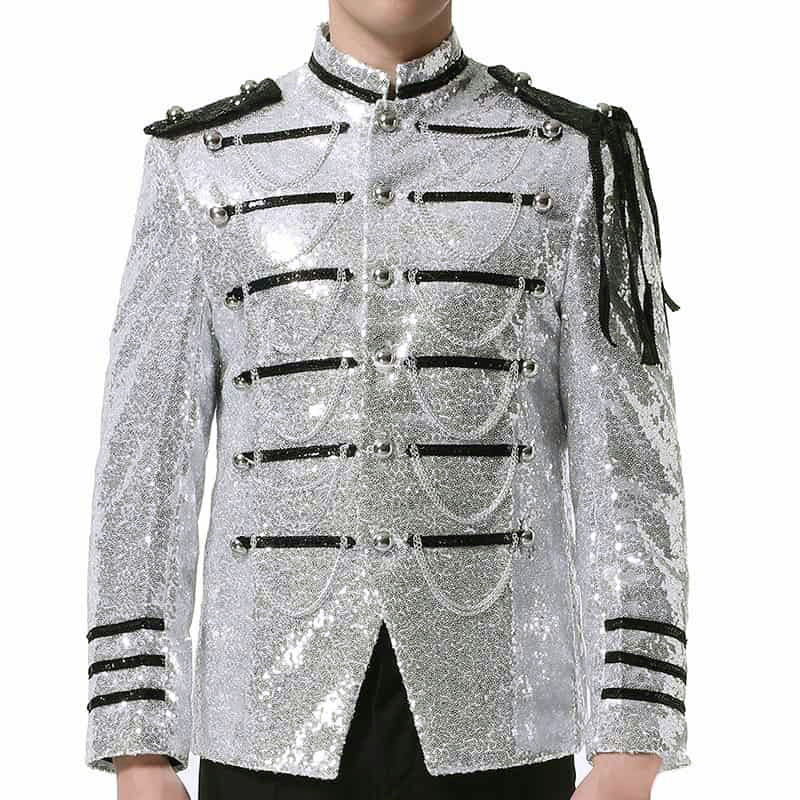 Men's Classic Military Style Stage Full Silver Sequin Jacket