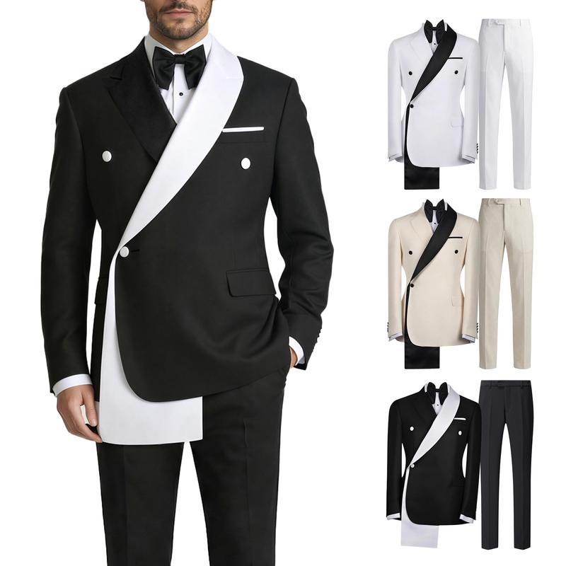 Men’s 2-Piece Contrast Color Tuxedo Suit, Double Breasted Shawl Lapel Blazer & Pants, Slim Fit Wedding Prom Party Outfit