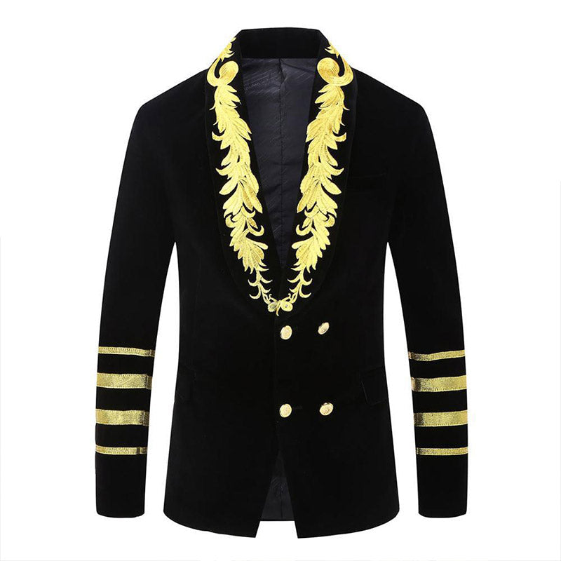 Men's Gold Floral Embroided Collar Court Style Black Jacket