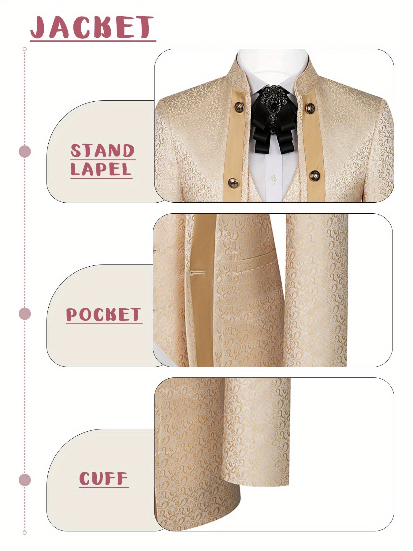 Men's Luxury Tailcoat Set -3-Piece Set (Coat+Tank Top+Pants), Unique Button Design, Jacquard Printing Craftsmanship, Gentleman Style, Suitable for Banquet, Dance, Wedding and Other Occasions