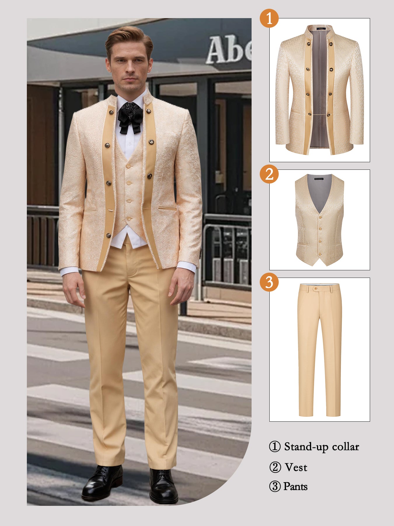 Men's Luxury Tailcoat Set -3-Piece Set (Coat+Tank Top+Pants), Unique Button Design, Jacquard Printing Craftsmanship, Gentleman Style, Suitable for Banquet, Dance, Wedding and Other Occasions