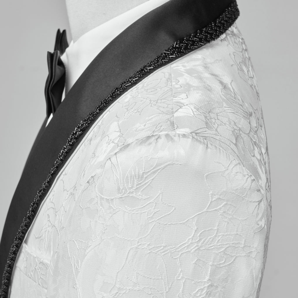 Men’s Luxury Jacquard Tuxedo Jacket, Satin Shawl Lapel Blazer with Beaded Trim, Formal Wedding & Party Outfit