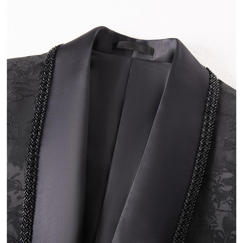 Men’s Luxury Jacquard Tuxedo Jacket, Satin Shawl Lapel Blazer with Beaded Trim, Formal Wedding & Party Outfit