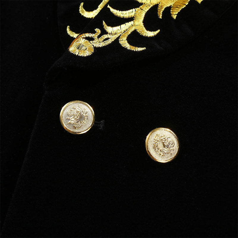 Men's Gold Floral Embroided Collar Court Style Black Jacket