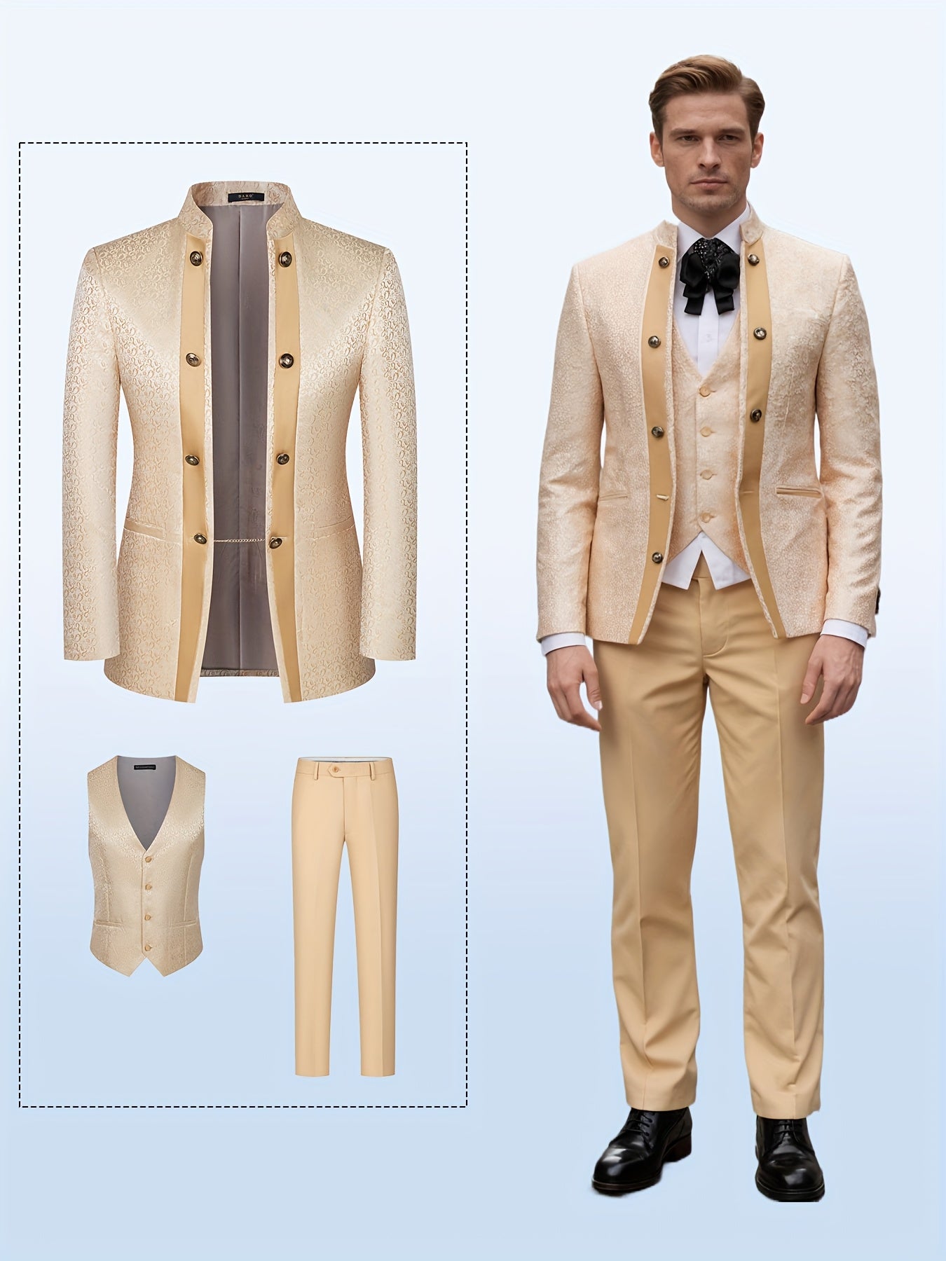 Men's Luxury Tailcoat Set -3-Piece Set (Coat+Tank Top+Pants), Unique Button Design, Jacquard Printing Craftsmanship, Gentleman Style, Suitable for Banquet, Dance, Wedding and Other Occasions