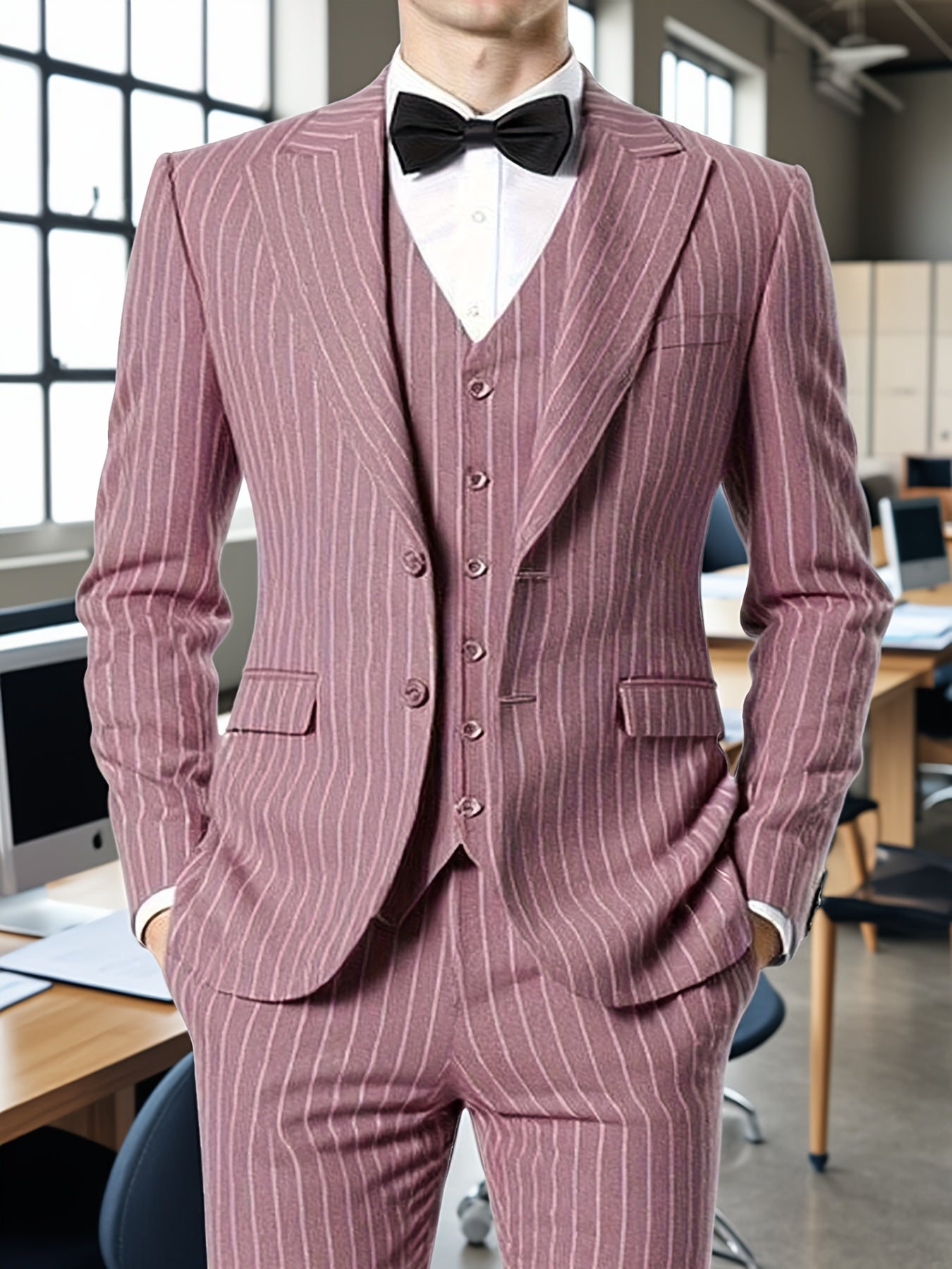 Men'S Suits Set 3pcs, Solid Color Pinstripes Suit, Closure Collar Jacket Coat Blazer Vest Pants Set, Business Work Banquet Performance Travel Holiday Birthday Gift Dress Tuxedo