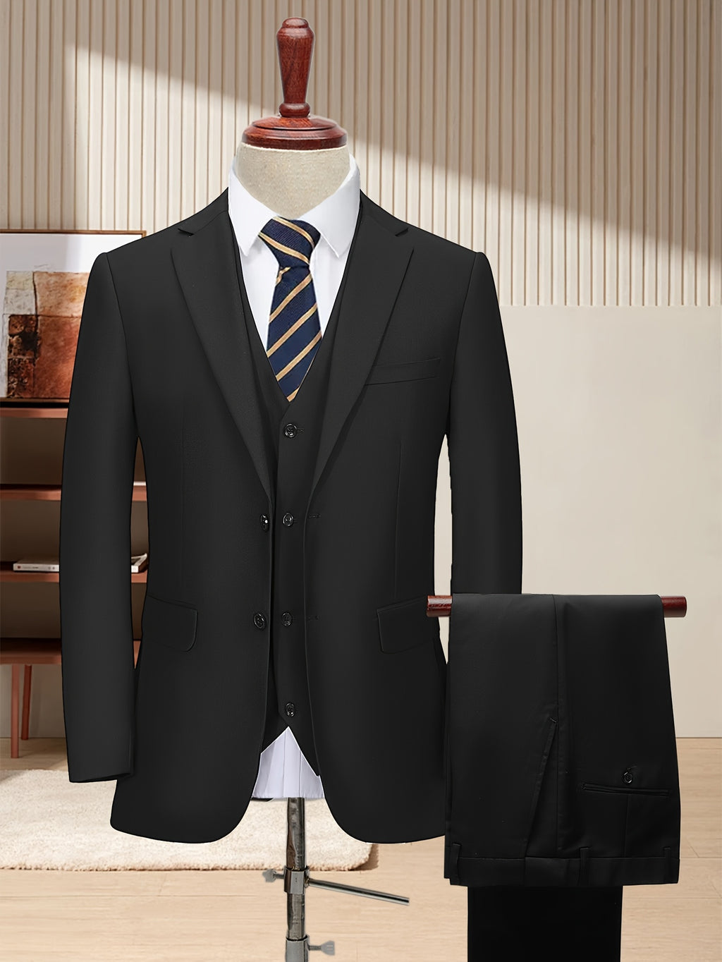 Men'S 3pcs Business Style Suit, Two Button Lapel Jacket Vest Trouser Set Solid Color Wedding Business Tuxedo Suit