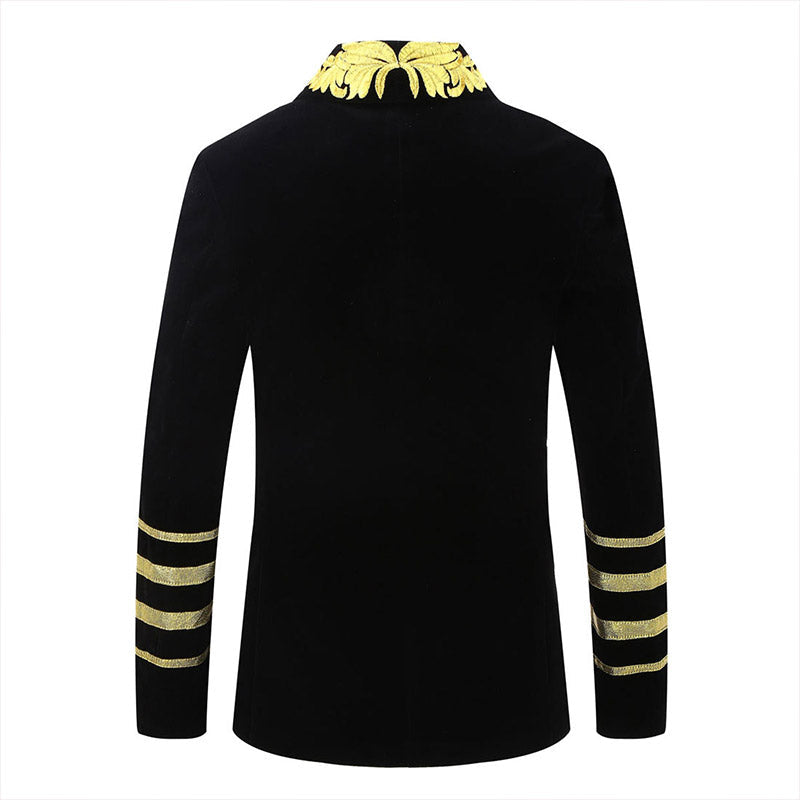 Men's Gold Floral Embroided Collar Court Style Black Jacket