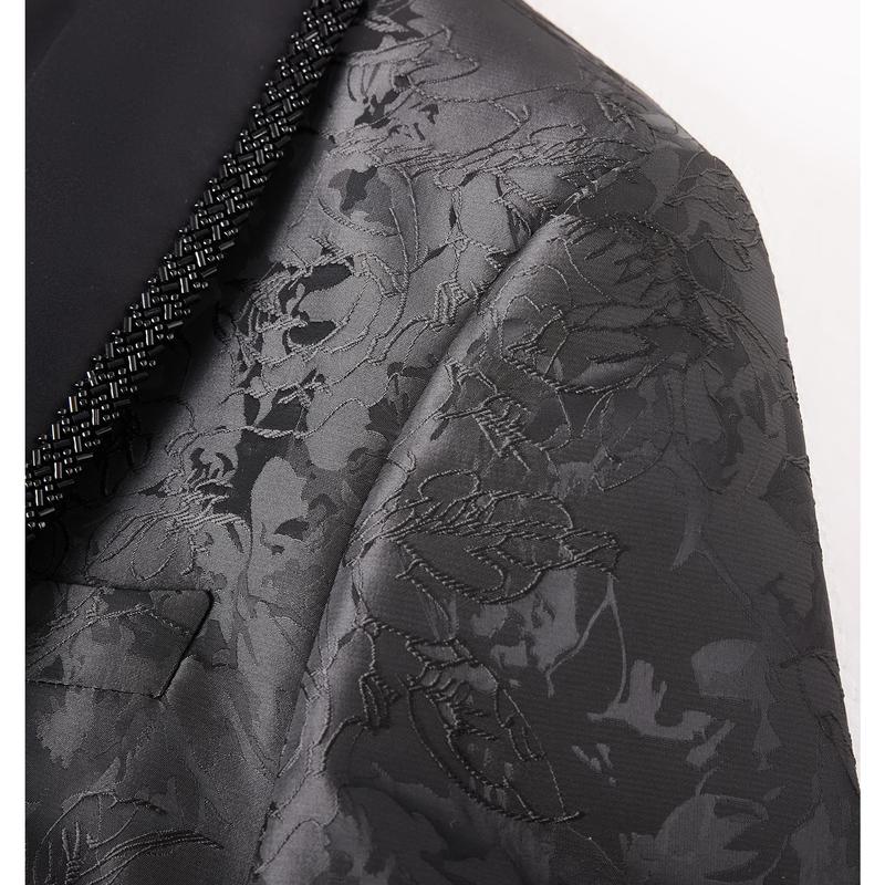 Men’s Luxury Jacquard Tuxedo Jacket, Satin Shawl Lapel Blazer with Beaded Trim, Formal Wedding & Party Outfit