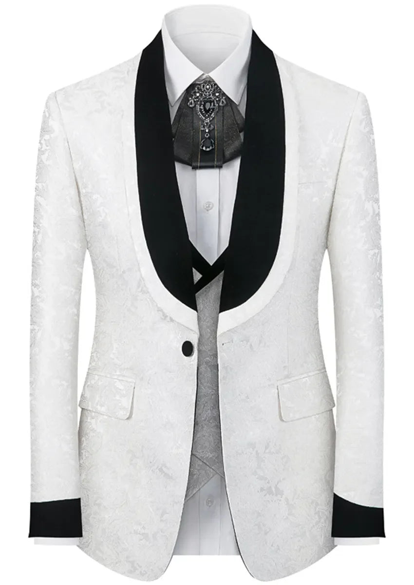 Men's 3-Piece Shawl Collar Leaf Jacquard White Tuxedo