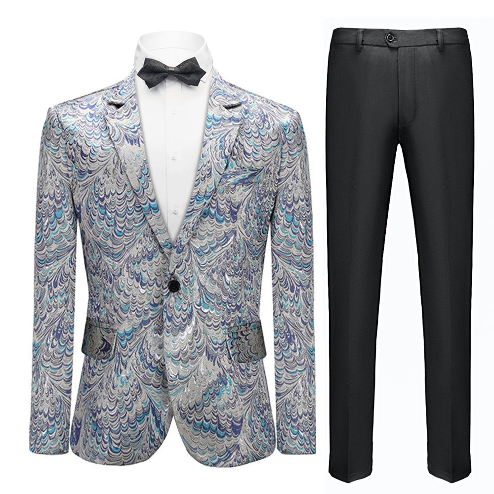 Men's Peacock Pattern Silver and Blue Tuxedo