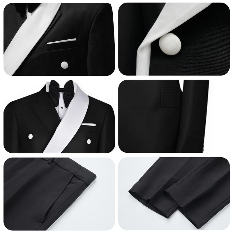Men’s 2-Piece Contrast Color Tuxedo Suit, Double Breasted Shawl Lapel Blazer & Pants, Slim Fit Wedding Prom Party Outfit