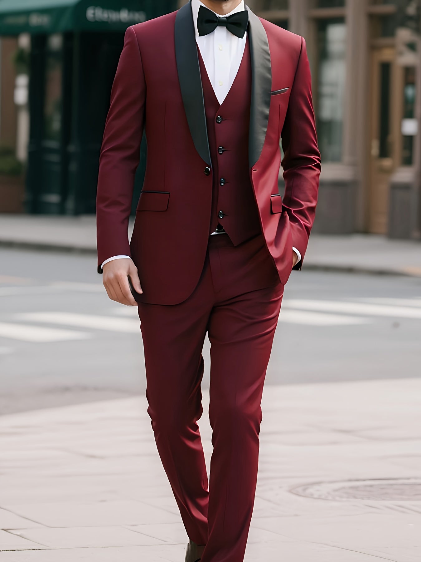 Men'S 3pcs Set Of Formal Wear, Shawl Lapel Collar Buttoned Blazer, Tuxedo Waistcoat And Dress Pants, Elegant And Smart Set For Banquet, Prom And Party Wear