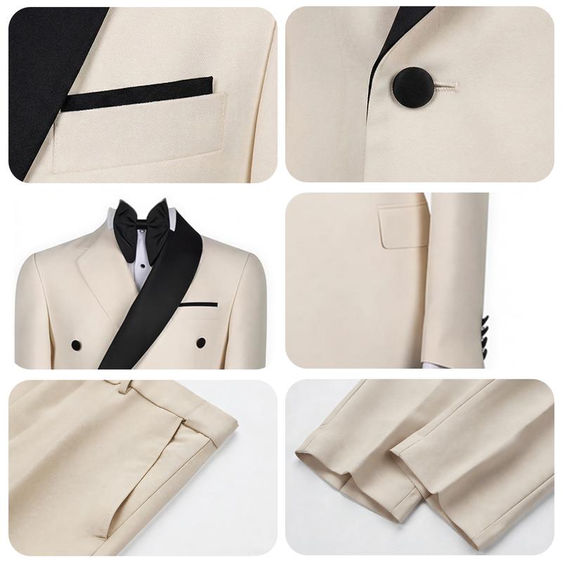 Men’s 2-Piece Contrast Color Tuxedo Suit, Double Breasted Shawl Lapel Blazer & Pants, Slim Fit Wedding Prom Party Outfit