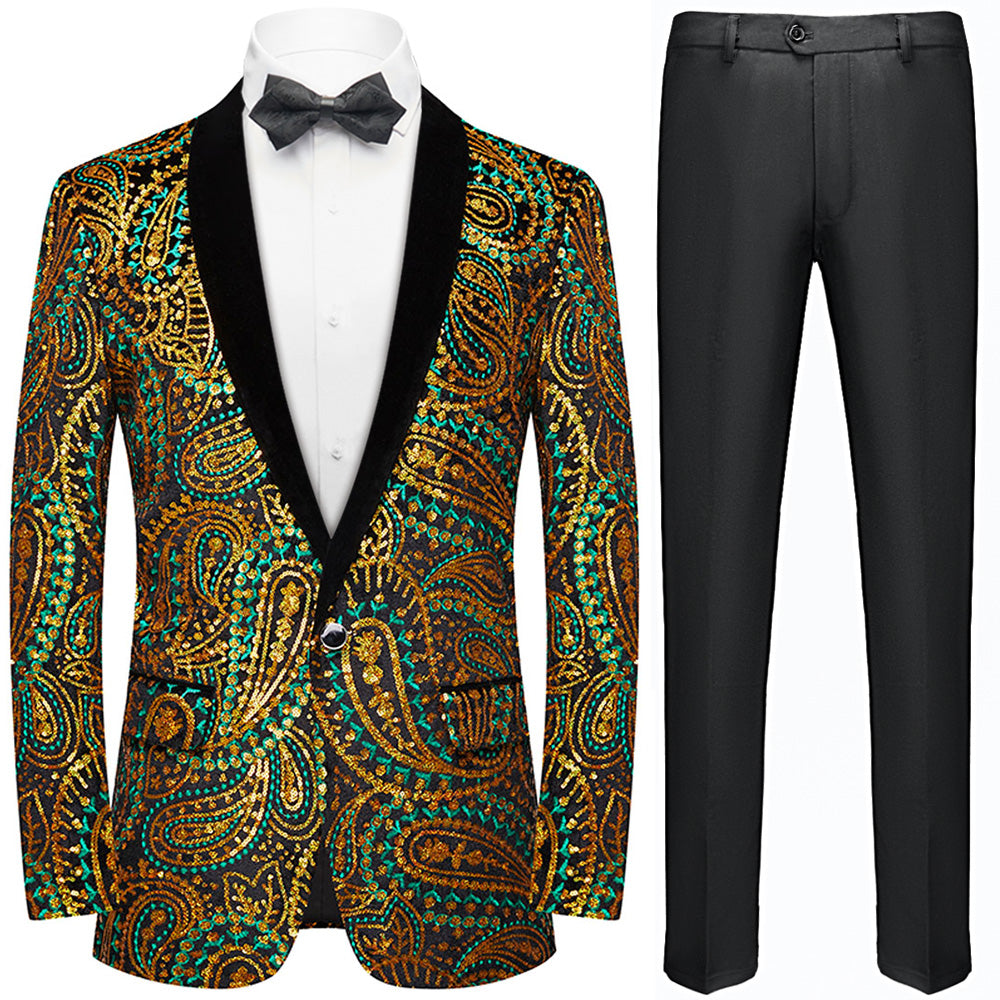 Men's Sequin Gold and Blue Paisley Black Suit