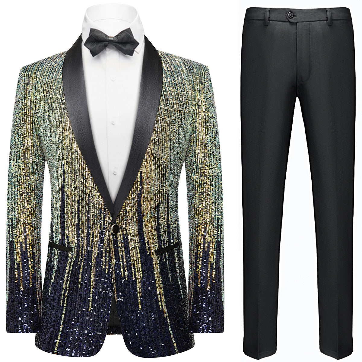 Men's Full Sequin Gold Tassel Navy Blue Tuxedo Jacket for Stage