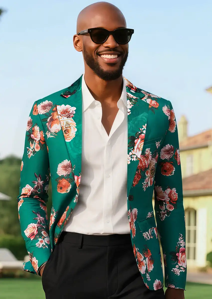 Men's Notched Lapel Multicolor Floral Jacquard Green Tuxedo Jacket