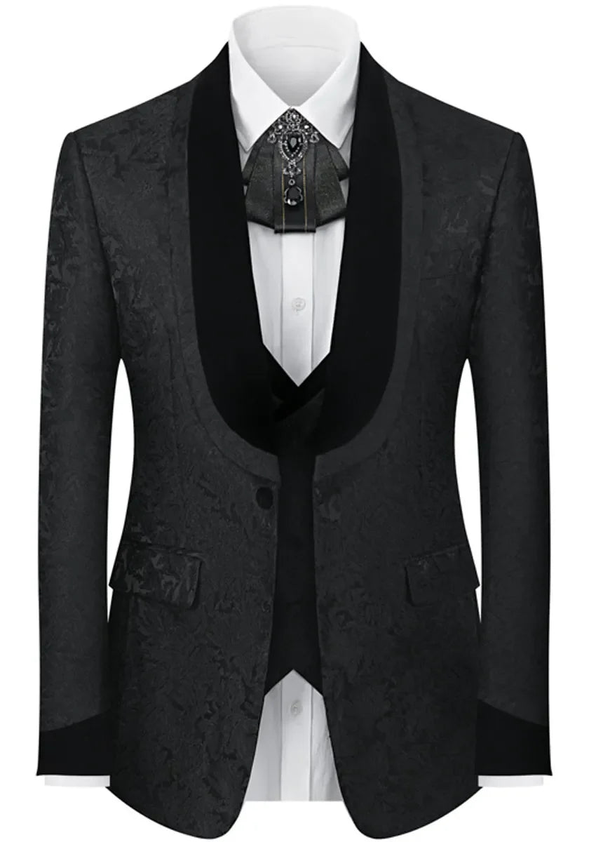 Men's 3-Piece Shawl Collar Leaf Jacquard Black Tuxedo