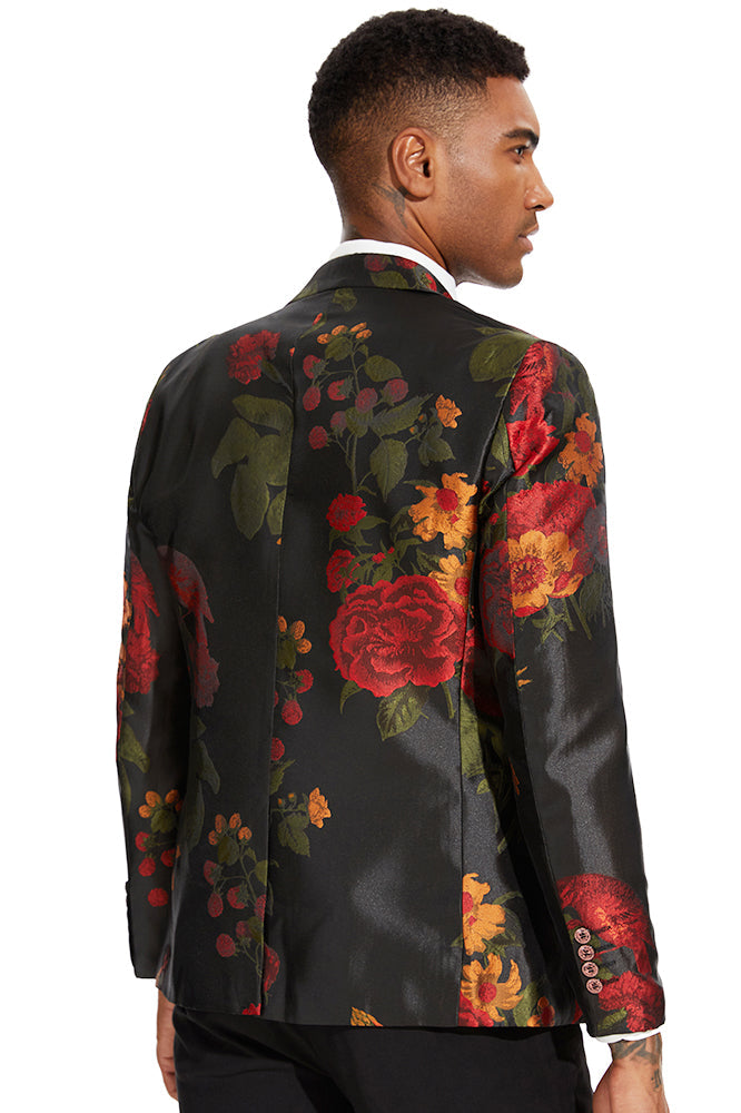 Men's Peak Lapel Red Rose Jaquard Black Dinner Jacket