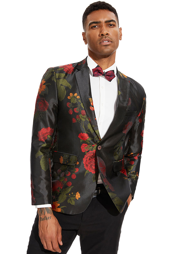 Men's Peak Lapel Red Rose Jaquard Black Dinner Jacket