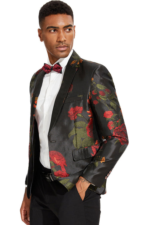 Men's Peak Lapel Red Rose Jaquard Black Dinner Jacket