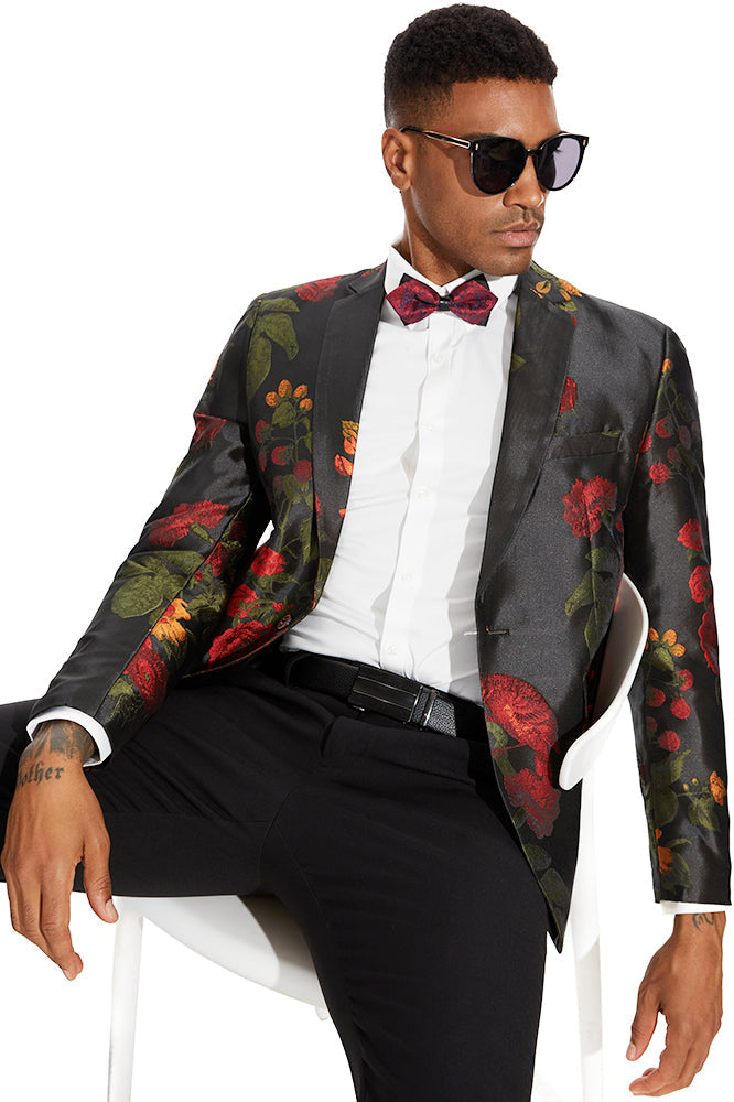 Men's Peak Lapel Red Rose Jaquard Black Dinner Jacket