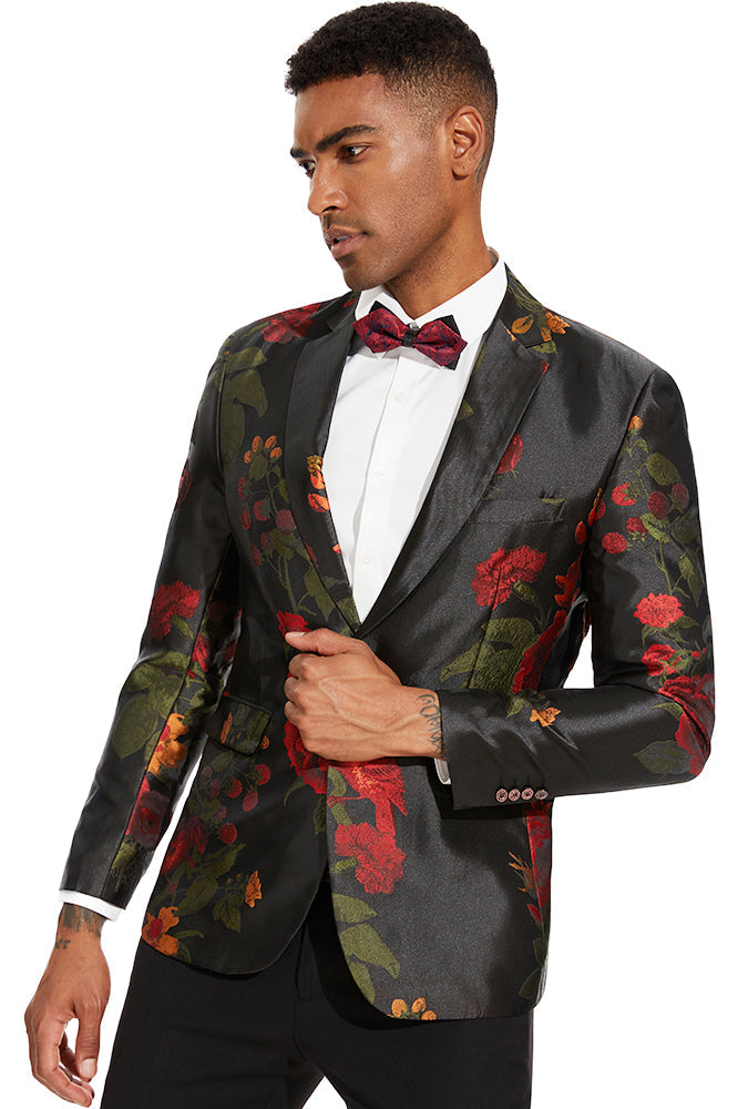 Men's Peak Lapel Red Rose Jaquard Black Dinner Jacket