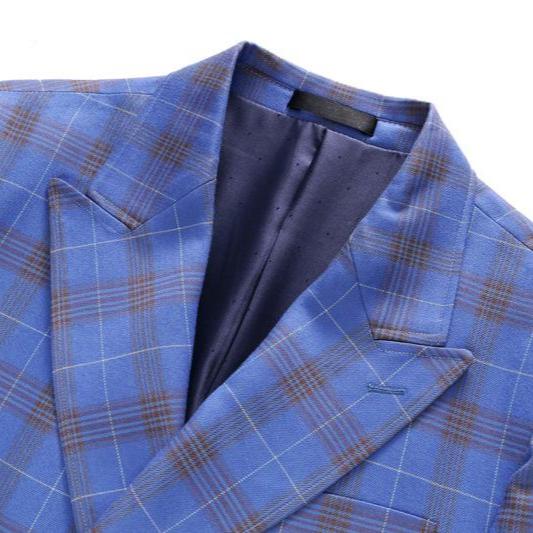 Men's Three-Piece Double-Breasted Light Blue Plaid Suit