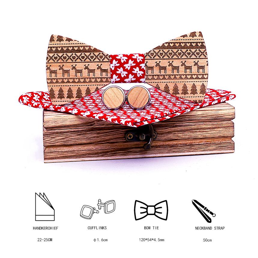 Handmade Wood Bow Tie Set 3-Piece for Christmas 4 Colors