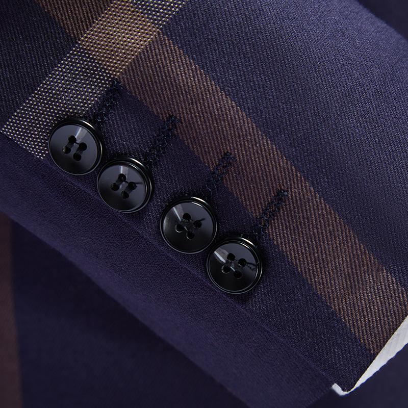 Men's One-Button Three-Piece Navy Plaid Business Suit