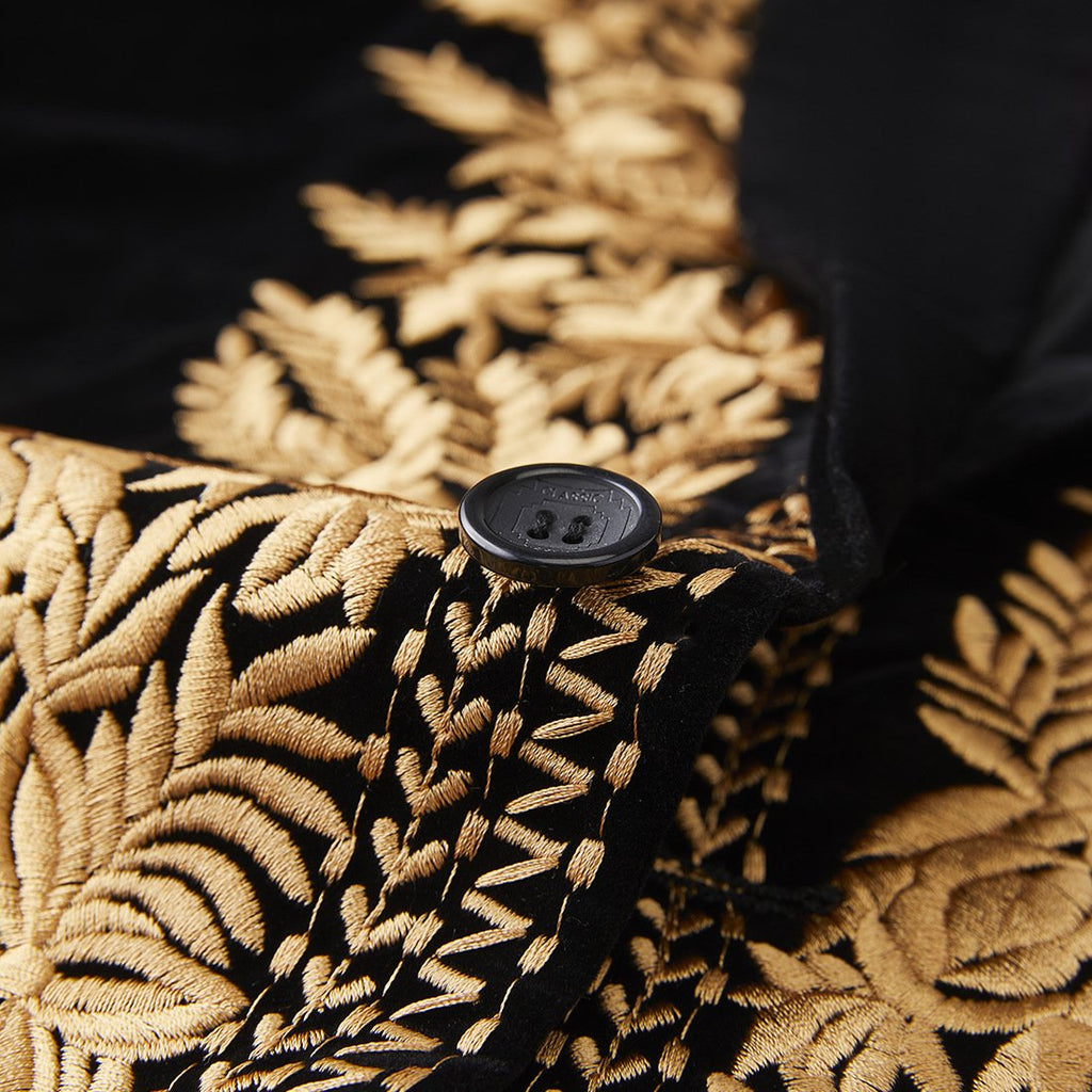Men's Luxury Gold Embroidered Black Velvet Tuxedo Blazer