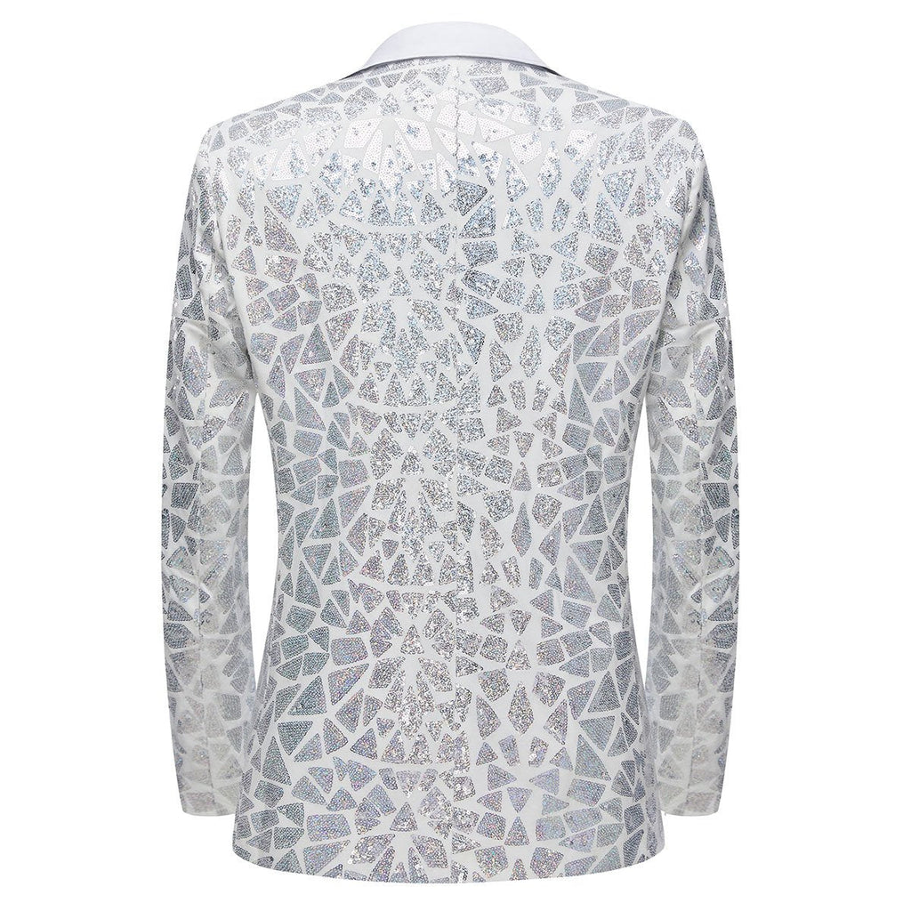 Men's Silver Sequin Geometric Mosaic White Tuxedo