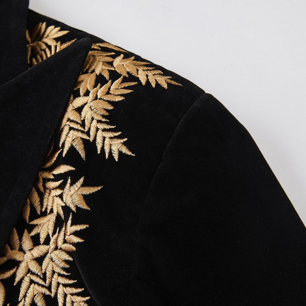 Men's Luxury Gold Embroidered Black Velvet Tuxedo Blazer