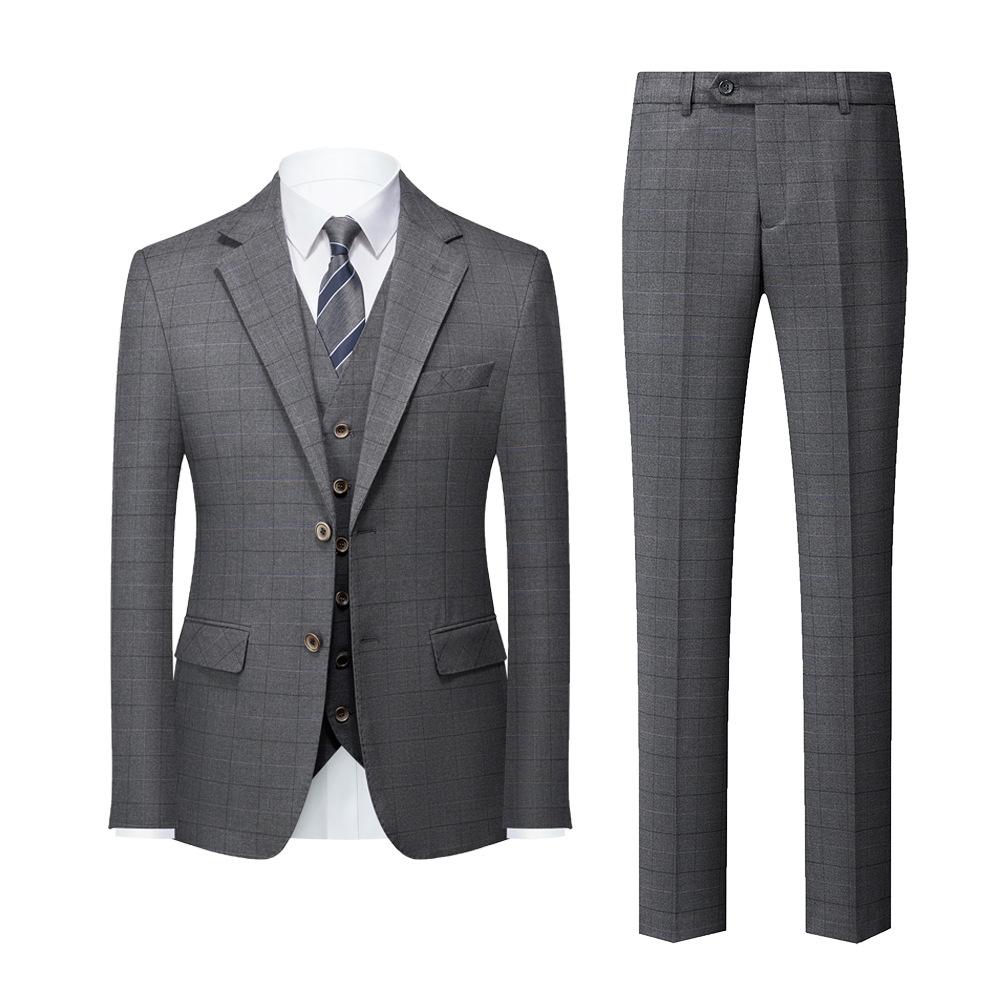 Men's 3-Piece Slim Fit Windowpane Plaid Gray Suit