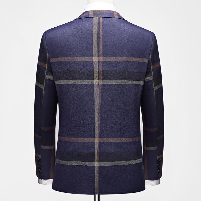 Men's One-Button Three-Piece Navy Plaid Business Suit