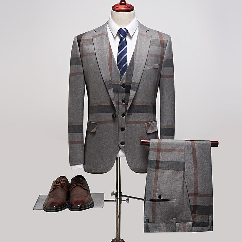 Men's 3-Piece One-Button Business Gray Plaid Suit