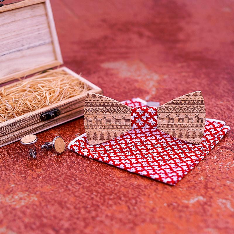 Handmade Wood Bow Tie Set 3-Piece for Christmas 4 Colors