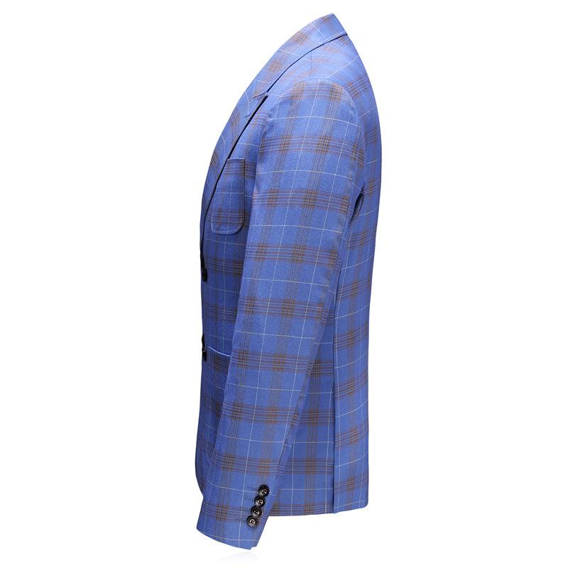 Men's Three-Piece Double-Breasted Light Blue Plaid Suit