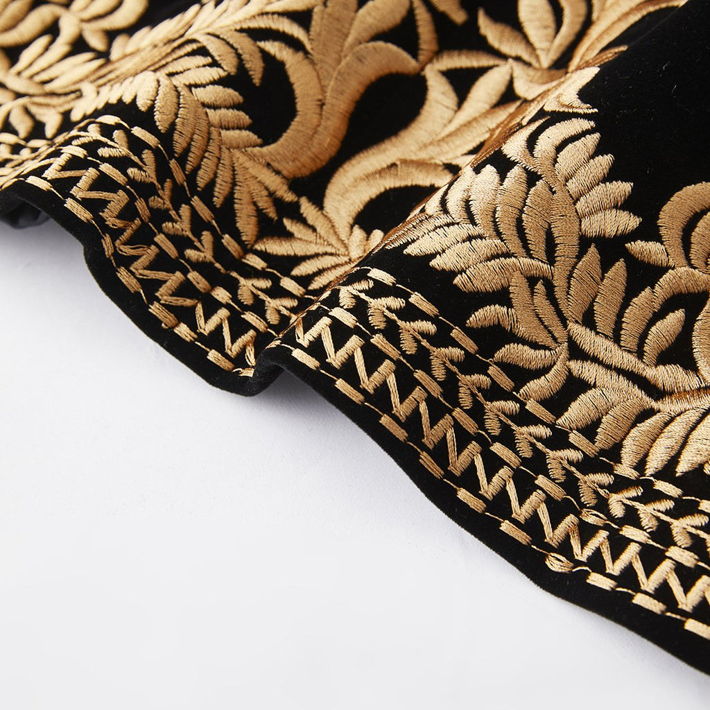 Men's Luxury Gold Embroidered Black Velvet Tuxedo Blazer