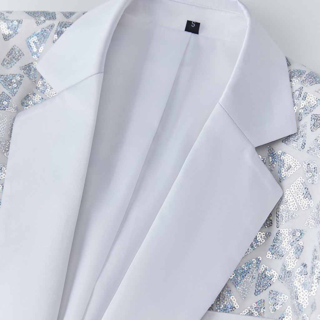 Men's Silver Sequin Geometric Mosaic White Tuxedo