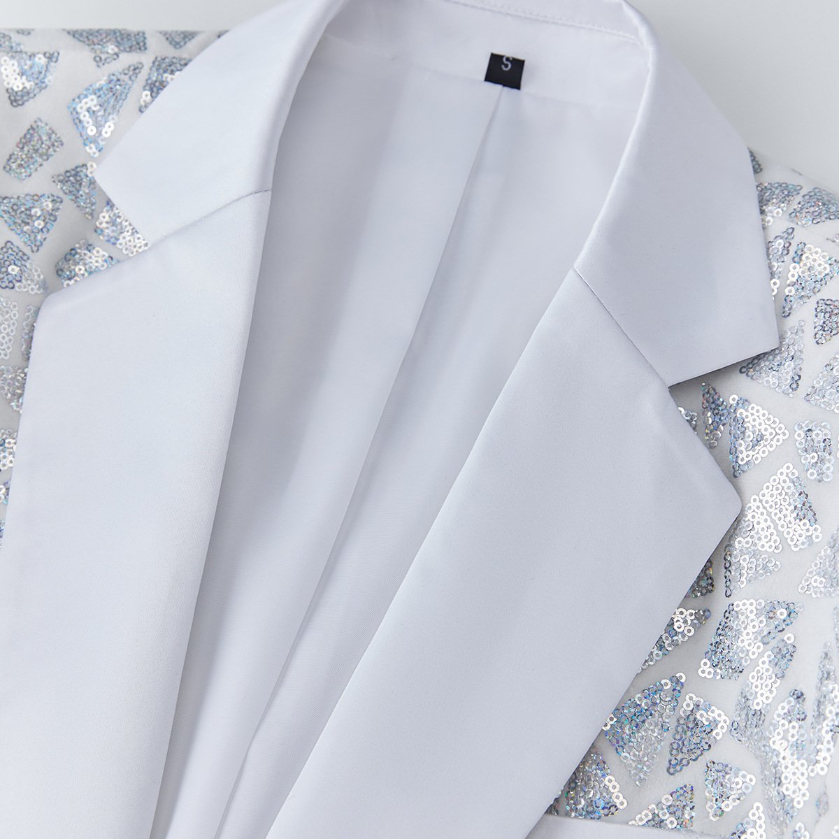 Men's Silver Sequin Geometric Mosaic White Tuxedo