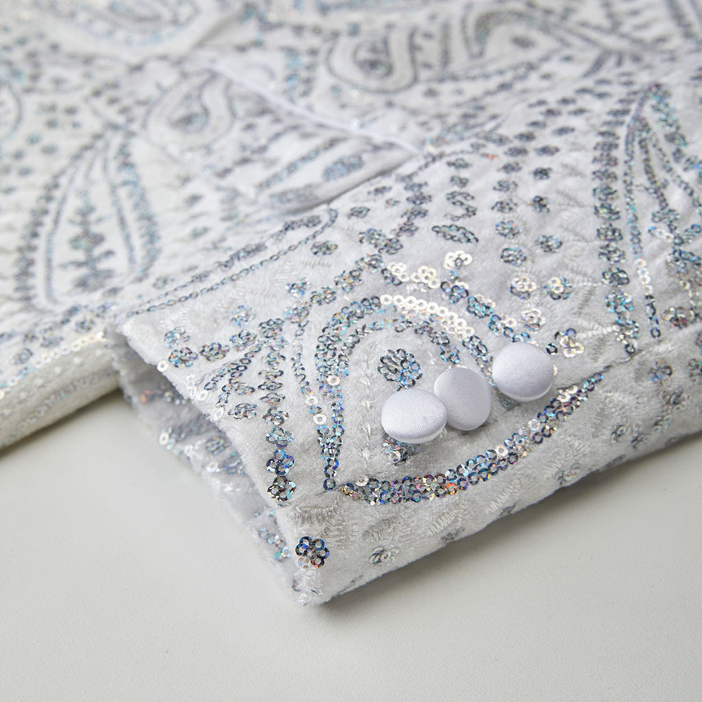Men's Silver Sequin Paisley Dark White Tuxedo Jacket