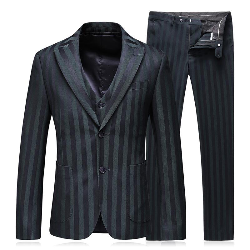 Men's Three-Piece Black And Dark Green Striped Suit