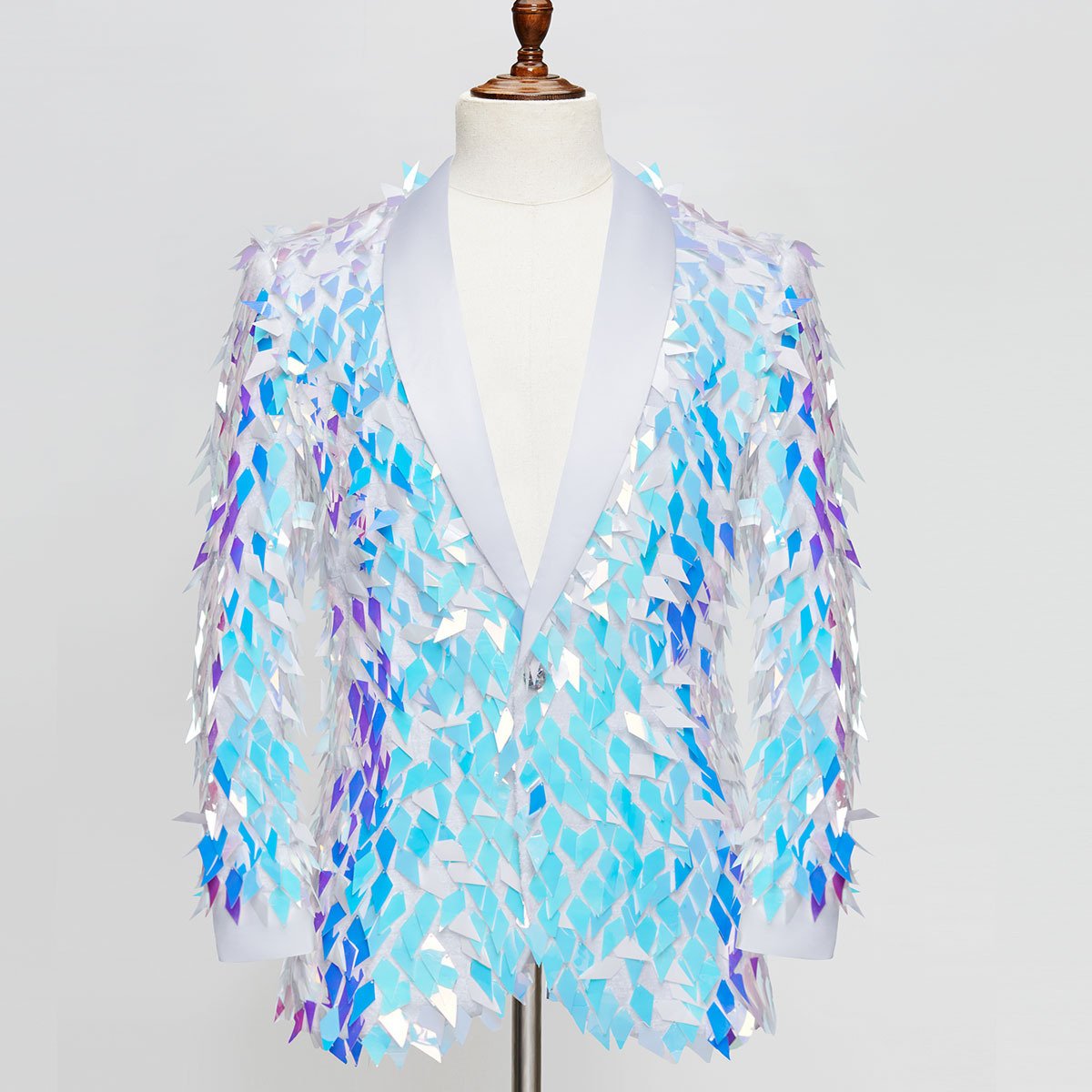 Men's One-Button Geometric Sequin Light Blue Tuxedo