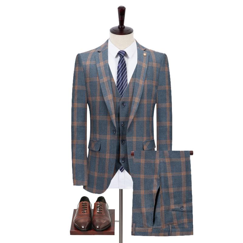 Men's 3-Piece Stylish Slim Fit Gray Plaid Suit