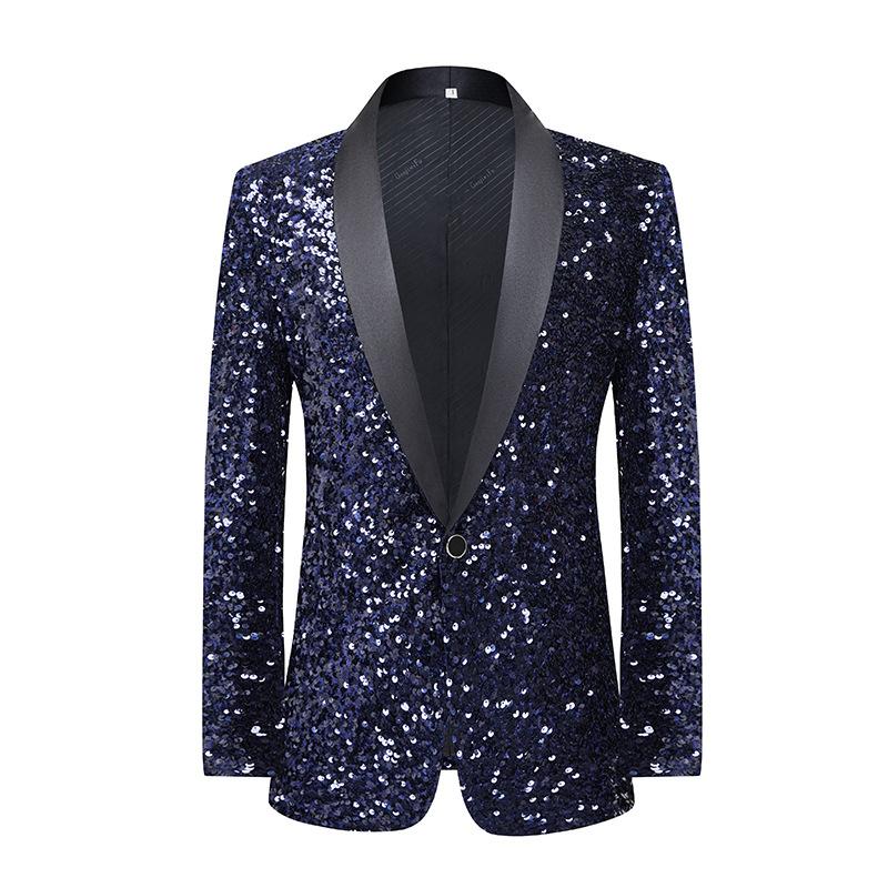 Men's Unique One-Button Full Sequin Navy Jacket