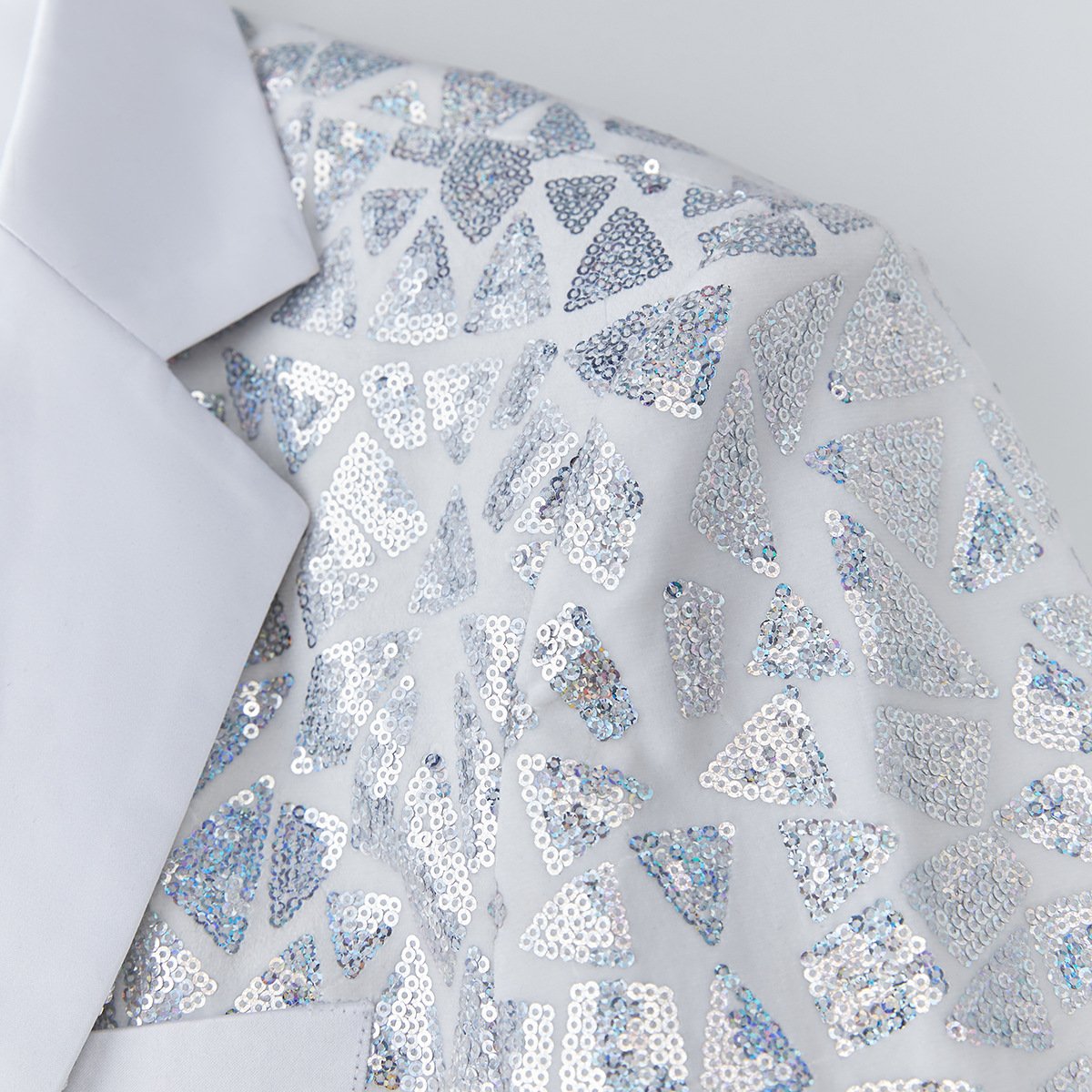 Men's Silver Sequin Geometric Mosaic White Tuxedo