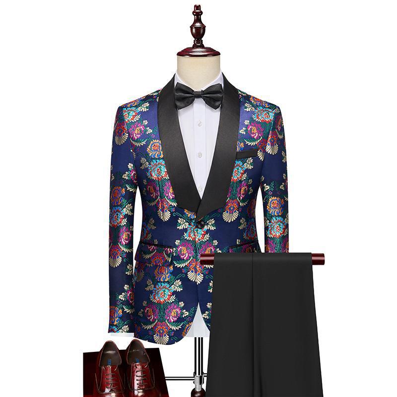 Men's 2-Piece Floral Pattern Jacquard Embroidery Blue Tuxedo